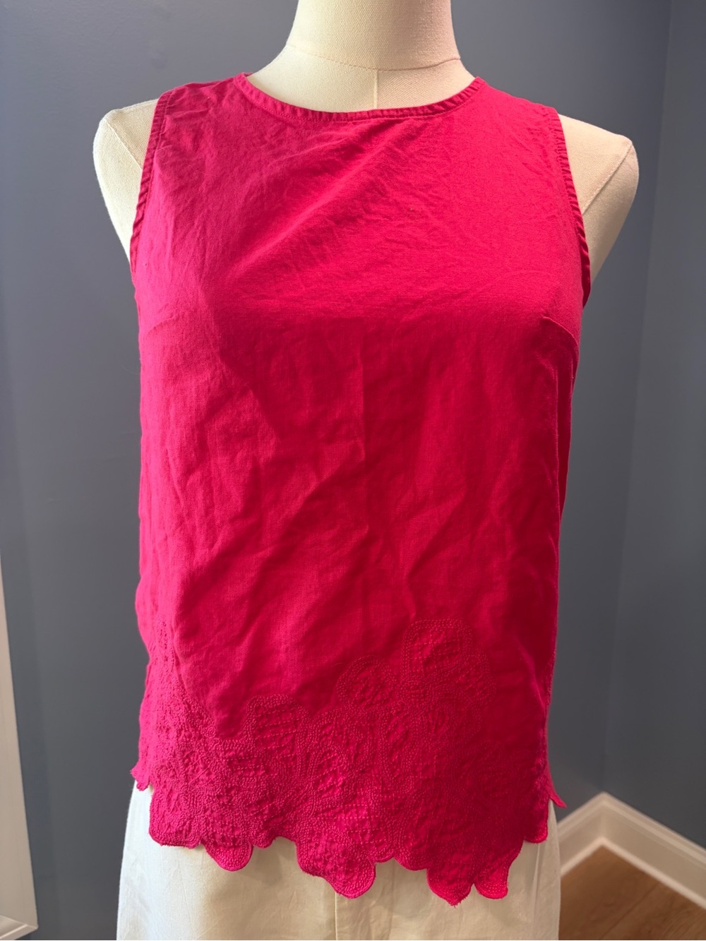 J.Crew Hot Pink Linen Blend Embroidered Scalloped Hem Sleeveless Top XXS
